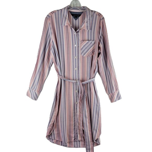Tommy Hilfiger Pink Blue Striped Long Sleeve Shirtdress Belted sz 14 - Picture 1 of 11